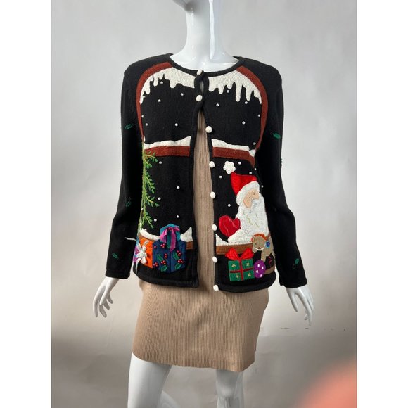 Hampshire Studio Christmas Holiday Cardigan Sm Blk Santa 55% Ramie, 45% Cotton - Picture 13 of 16